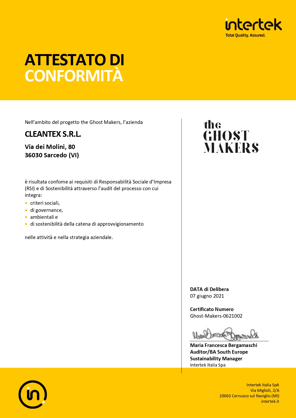 Attestato di conformità responsabilità sociale dimpresa Cleantex S.r.l. page 0001